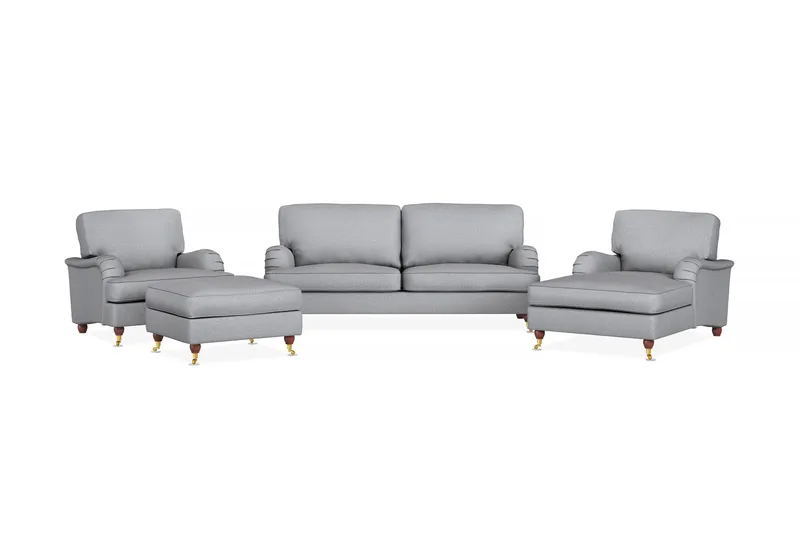 Howard Lyx Sofagruppe 3-personers Sofa + Chaiselongstol + Lænestol + Fodskammel i Stof, Lysegrå
