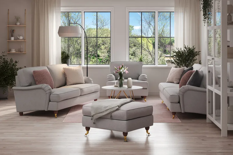 Howard Lyx Sofagruppe 4-personers + 3-personers Sofa + Lænestol + Fodskammel i Stof - Lysegrå - Møbler - Sofaer - Sofagrupper - Howard sofagruppe