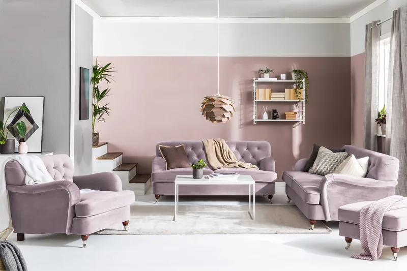 Howard Riviera Sofagruppe 3-personers + 2-personers Sofa + Lænestol + Fodskammel i Fløjl - Lilla - Møbler - Sofaer - Sofagrupper - Howard sofagruppe