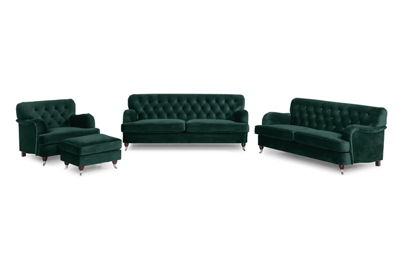 Howard Riviera Sofagruppe 3-personers + 2-personers Sofa + Lænestol + Fodskammel i Fløjl - Grøn - Møbler - Sofaer - Sofagrupper - Howard sofagruppe