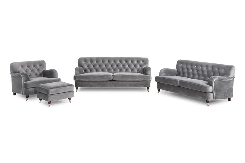 Howard Riviera Sofagruppe 3-personers + 2-personers Sofa + Lænestol + Fodskammel i Fløjl - Lysegrå - Møbler - Sofaer - Sofagrupper - Howard sofagruppe