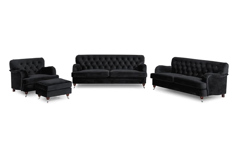 Howard Riviera Sofagruppe 3-personers + 2-personers Sofa + Lænestol + Fodskammel i Fløjl - Sort - Møbler - Sofaer - Sofagrupper - Howard sofagruppe