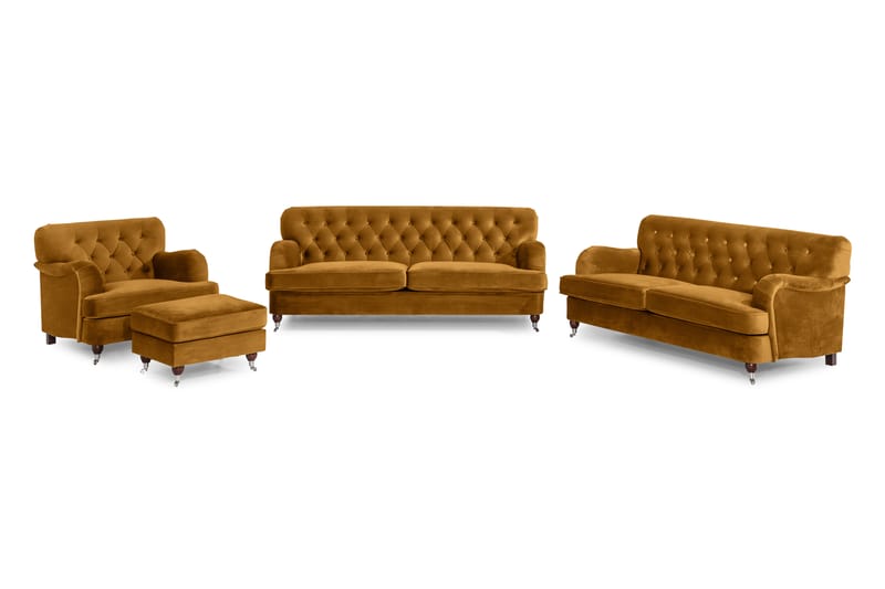 Howard Riviera Sofagruppe 3-personers + 2-personers Sofa + Lænestol + Fodskammel i Fløjl - Mørkegul - Møbler - Sofaer - Sofagrupper - Howard sofagruppe
