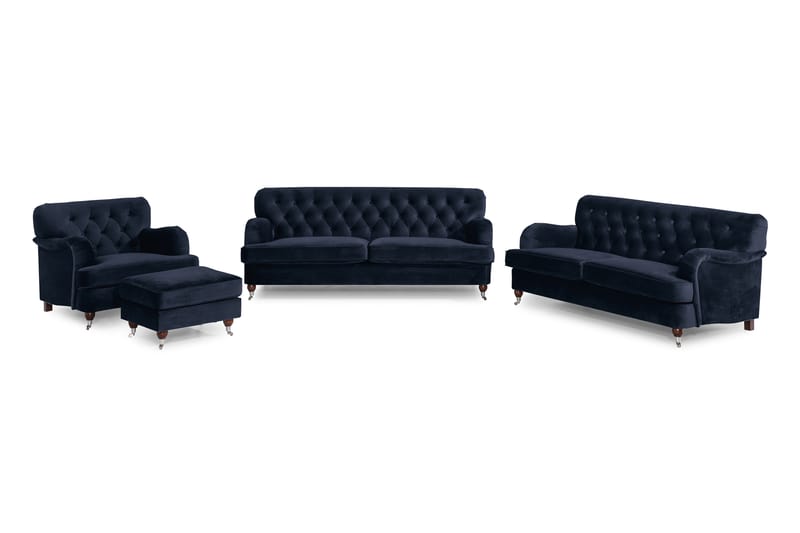 Howard Riviera Sofagruppe 3-personers + 2-personers Sofa + Lænestol + Fodskammel i Fløjl - Blå - Møbler - Sofaer - Sofagrupper - Howard sofagruppe