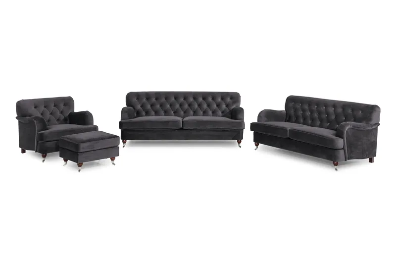 Howard Riviera Sofagruppe 3-personers + 2-personers Sofa + Lænestol + Fodskammel i Fløjl, Mørkegrå
