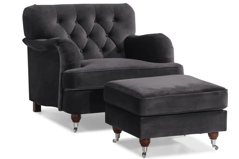 Howard Riviera Sofagruppe 3-personers + 2-personers Sofa + Lænestol + Fodskammel i Fløjl - Mørkegrå - Møbler - Sofaer - Sofagrupper - Howard sofagruppe