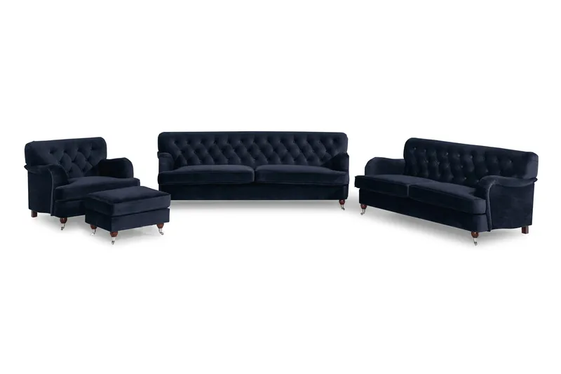 Howard Riviera Sofagruppe Svunget 3-personers + 2-personers Sofa + Lænestol + Fodskammel i Fløjl - Blå - Møbler - Sofaer - Sofagrupper - Howard sofagruppe