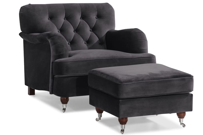 Howard Riviera Sofagruppe Svunget 3-personers + 2-personers Sofa + Lænestol + Fodskammel i Fløjl - Mørkegrå - Møbler - Sofaer - Sofagrupper - Howard sofagruppe