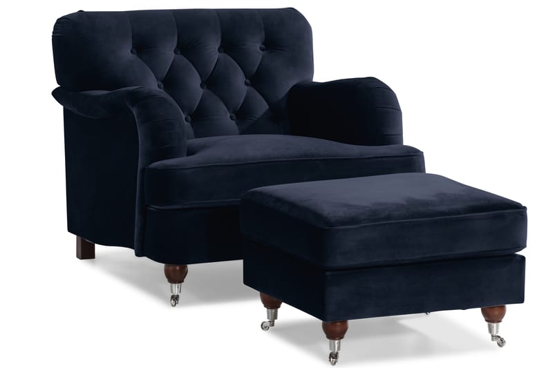 Howard Riviera Sofagruppe Svunget 3-personers + 2-personers Sofa + Lænestol + Fodskammel i Fløjl - Blå - Møbler - Sofaer - Sofagrupper - Howard sofagruppe