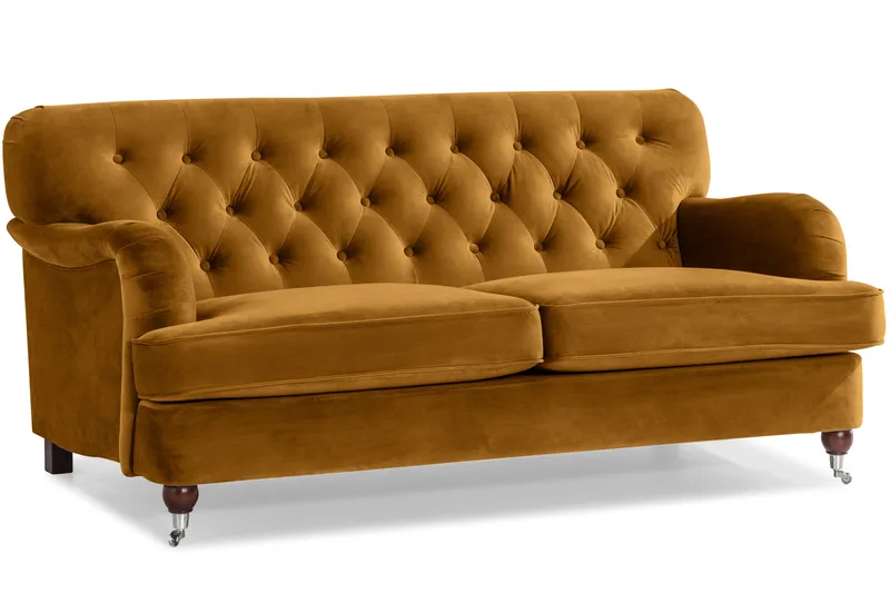 Howard Riviera Sofagruppe Svunget 3-personers + 2-personers Sofa + Lænestol + Fodskammel i Fløjl - Mørkegul - Møbler - Sofaer - Sofagrupper - Howard sofagruppe