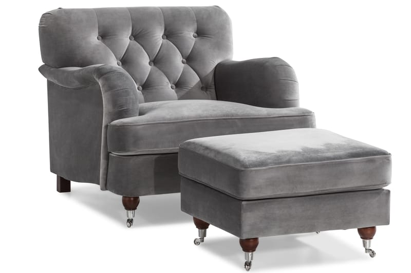 Howard Riviera Sofagruppe Svunget 3-personers + 2-personers Sofa + Lænestol + Fodskammel i Fløjl - Lysegrå - Møbler - Sofaer - Sofagrupper - Howard sofagruppe