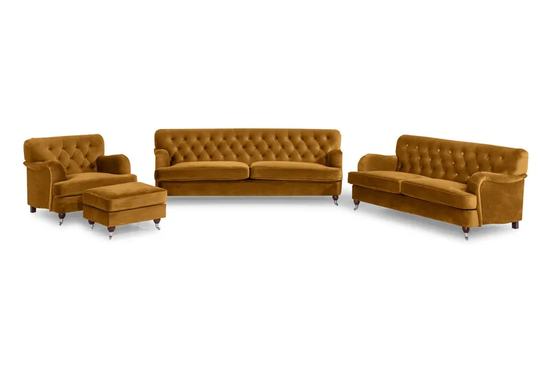 Howard Riviera Sofagruppe Svunget 3-personers + 2-personers Sofa + Lænestol + Fodskammel i Fløjl - Mørkegul - Møbler - Sofaer - Sofagrupper - Howard sofagruppe