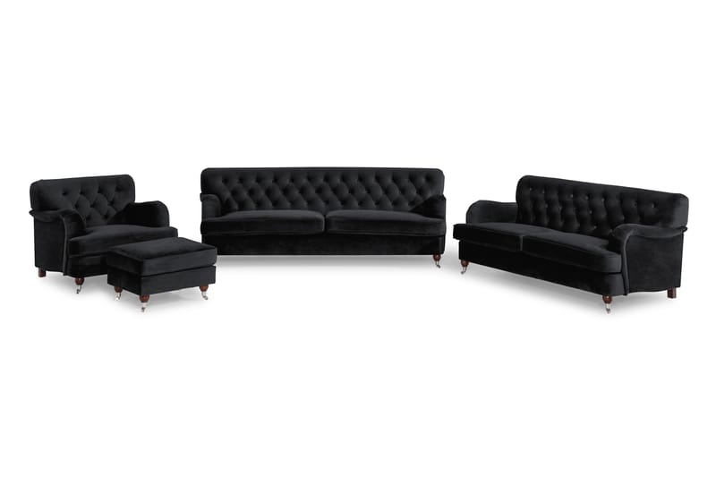 Howard Riviera Sofagruppe Svunget 3-personers + 2-personers Sofa + Lænestol + Fodskammel i Fløjl - Sort - Møbler - Sofaer - Sofagrupper - Howard sofagruppe