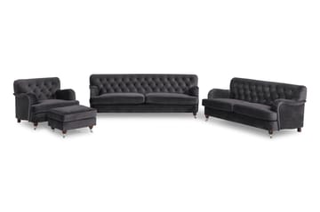 Howard Riviera Sofagruppe Svunget 3-personers + 2-personers Sofa + Lænestol + Fodskammel i Fløjl