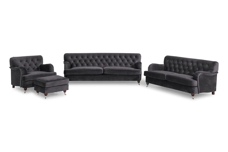 Howard Riviera Sofagruppe Svunget 3-personers + 2-personers Sofa + Lænestol + Fodskammel i Fløjl - Mørkegrå - Møbler - Sofaer - Sofagrupper - Howard sofagruppe