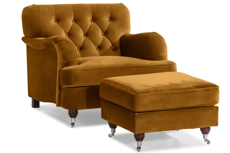 Howard Riviera Sofagruppe Svunget 3-personers + 2-personers Sofa + Lænestol + Fodskammel i Fløjl - Mørkegul - Møbler - Sofaer - Sofagrupper - Howard sofagruppe