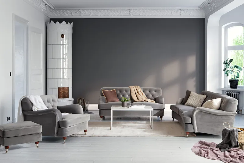 Howard Riviera Sofagruppe Svunget 3-personers + 2-personers Sofa + Lænestol + Fodskammel i Fløjl - Lysegrå - Møbler - Sofaer - Sofagrupper - Howard sofagruppe