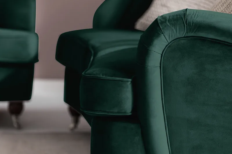 Howard Riviera Sofagruppe Svunget 3-personers + 2-personers Sofa + Lænestol + Fodskammel i Fløjl - Grøn - Møbler - Sofaer - Sofagrupper - Howard sofagruppe