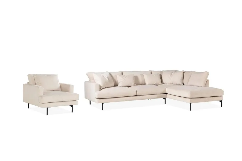 Menard Sofagruppe 4-personers Højrevendt L-formet Chaiselongsofa + Stor Lænestol i Manchester, Beige