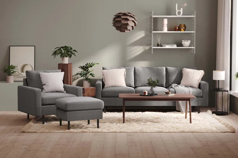 Peppe Sofaarrangement 3-personers Sofa + Lænestol + Fodskammel i Stof - Lysegrå - Møbler - Sofaer - Sofagrupper