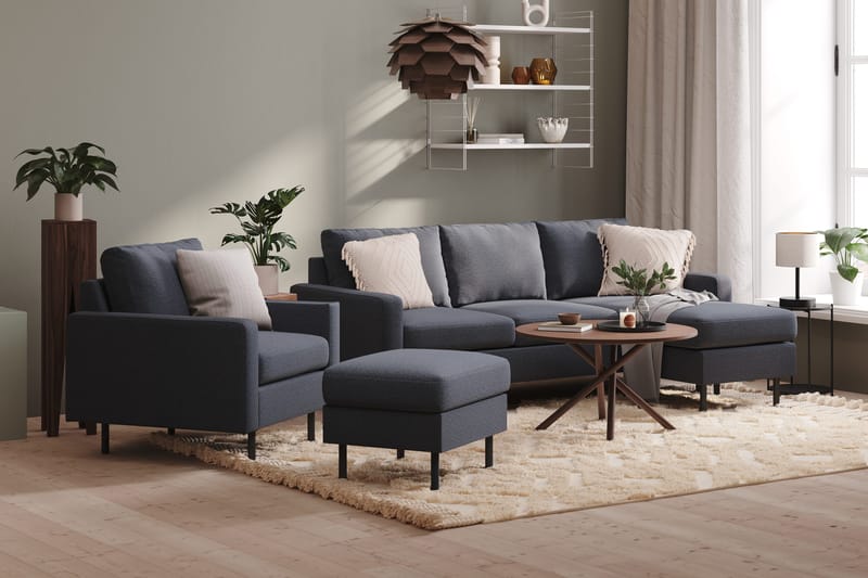 Peppe Sofaarrangement 3-personers Vendbar L-formet Divansofa + Lænestol + Fodskammel i Stof - Mørkegrå - Møbler - Sofaer - Sofagrupper