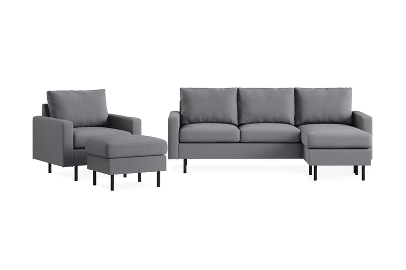 Peppe Sofagruppe 3-personers Vendbar L-formet Chaiselongsofa + Lænestol + Fodskammel i Stof - Lysegrå - Møbler - Sofaer - Sofagrupper