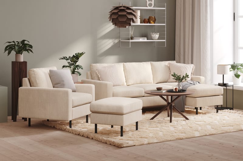 Peppe Sofagruppe 3-personers Vendbar L-formet Chaiselongsofa + Lænestol + Fodskammel i Manchester - Beige - Møbler - Sofaer - Sofagrupper