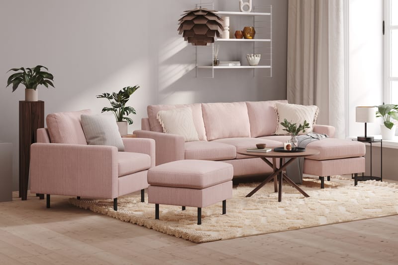 Peppe Sofagruppe 3-personers Vendbar L-formet Chaiselongsofa + Lænestol + Fodskammel i Manchester - Rosa - Møbler - Sofaer - Sofagrupper