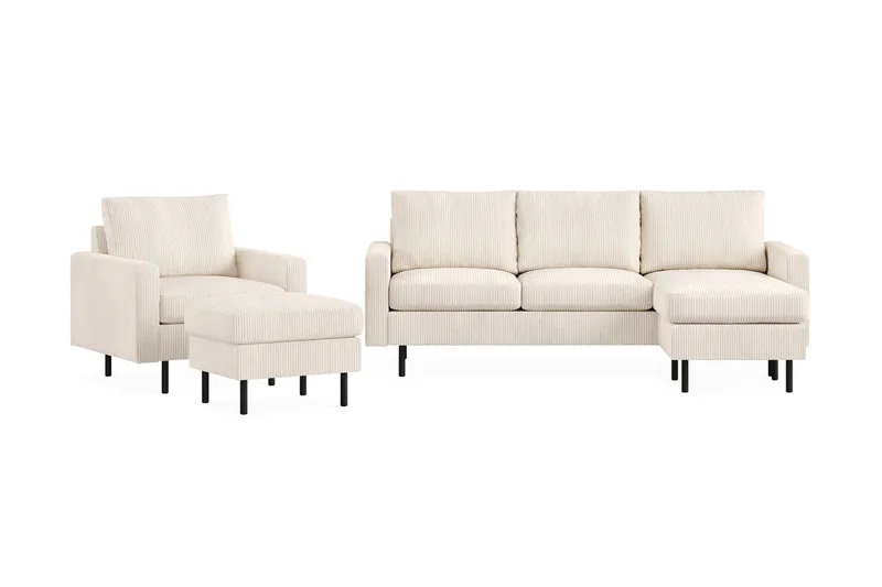 Peppe Sofagruppe 3-personers Vendbar L-formet Chaiselongsofa + Lænestol + Fodskammel i Manchester, Beige