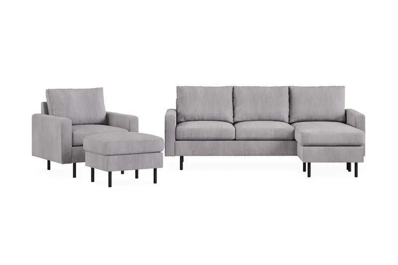 Peppe Sofagruppe 3-personers Vendbar L-formet Chaiselongsofa + Lænestol + Fodskammel i Manchester, Mørkegrå