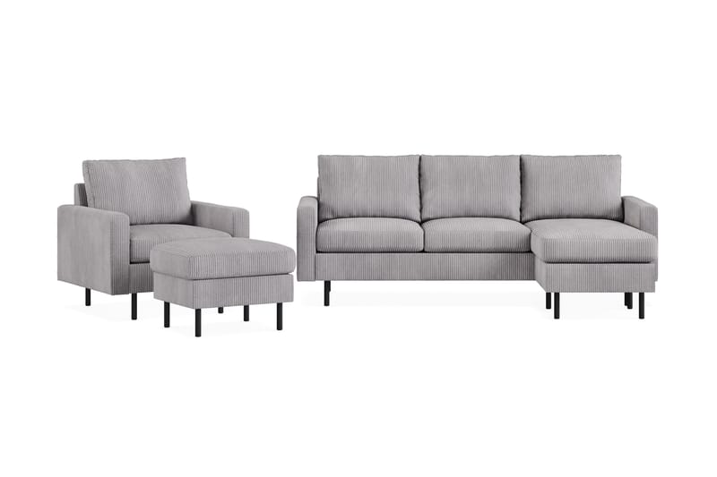 Peppe Sofagruppe 3-personers Vendbar L-formet Chaiselongsofa + Lænestol + Fodskammel i Manchester, Mørkegrå