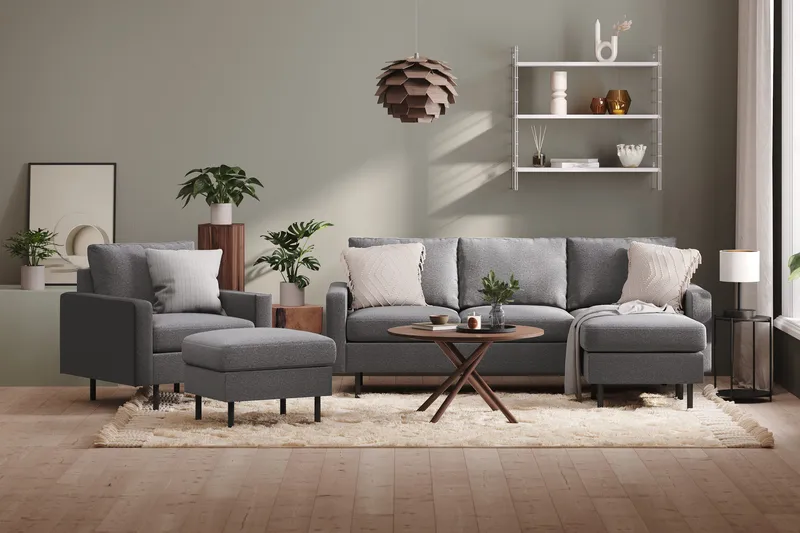 Peppe Sofagruppe 3-personers Vendbar L-formet Chaiselongsofa + Lænestol + Fodskammel i Stof - Lysegrå - Møbler - Sofaer - Sofagrupper