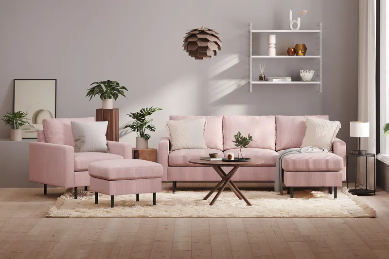 Peppe Sofagruppe 3-personers Vendbar L-formet Chaiselongsofa + Lænestol + Fodskammel i Manchester - Rosa - Møbler - Sofaer - Sofagrupper