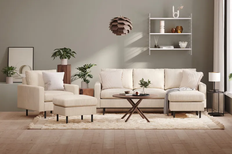 Peppe Sofagruppe 3-personers Vendbar L-formet Chaiselongsofa + Lænestol + Fodskammel i Manchester - Beige - Møbler - Sofaer - Sofagrupper