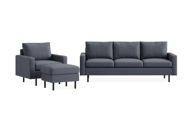 Peppe Sofagruppe 3-personers Sofa + Lænestol + Fodskammel i Stof, Mørkegrå