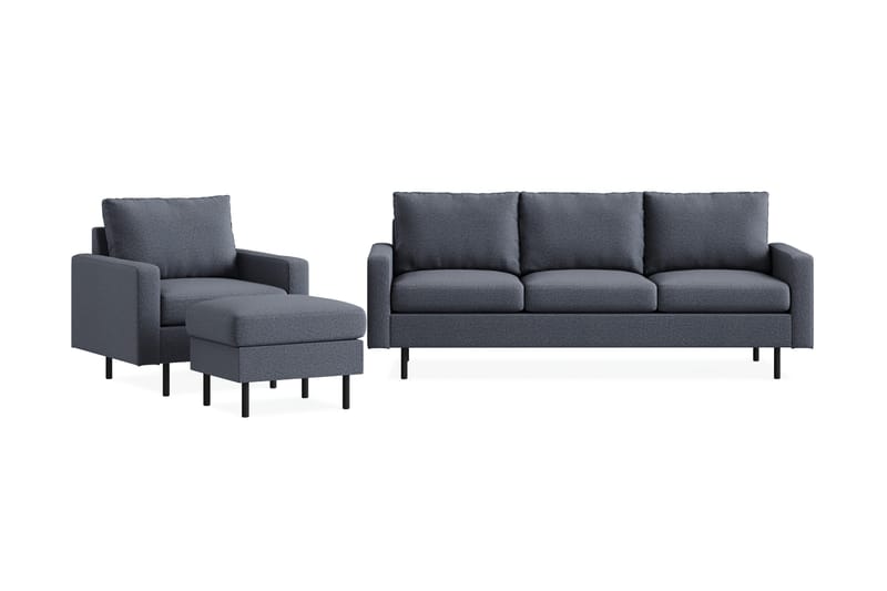 Peppe Sofagruppe 3-personers Sofa + Lænestol + Fodskammel i Stof, Mørkegrå