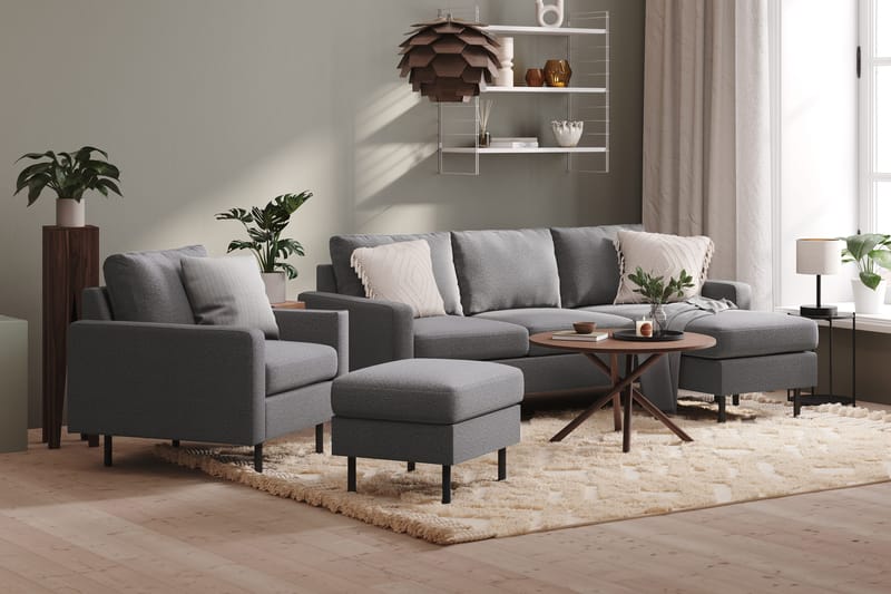 Peppe Sofagruppe 3-personers Vendbar L-formet Chaiselongsofa + Lænestol + Fodskammel i Stof - Lysegrå - Møbler - Sofaer - Sofagrupper
