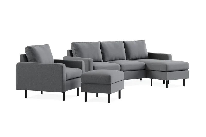 Peppe Sofagruppe 3-personers Vendbar L-formet Chaiselongsofa + Lænestol + Fodskammel i Stof - Lysegrå - Møbler - Sofaer - Sofagrupper