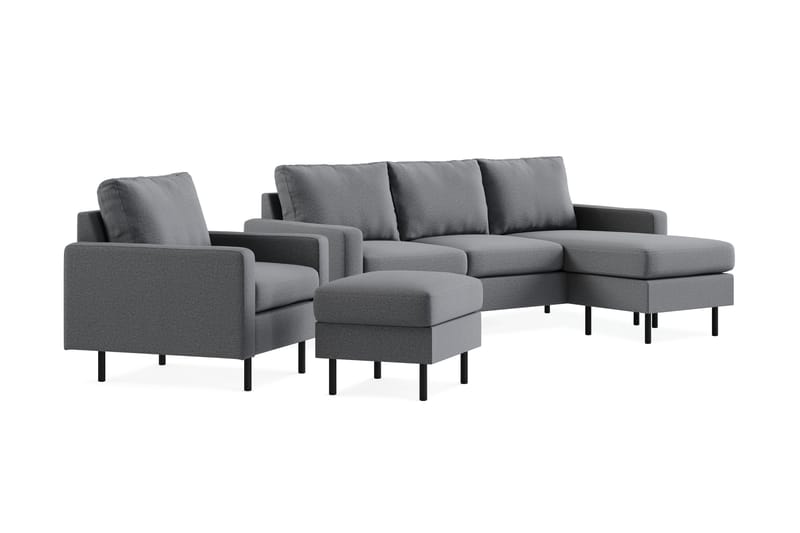 Peppe Sofagruppe 3-personers Vendbar L-formet Chaiselongsofa + Lænestol + Fodskammel i Stof - Lysegrå - Møbler - Sofaer - Sofagrupper