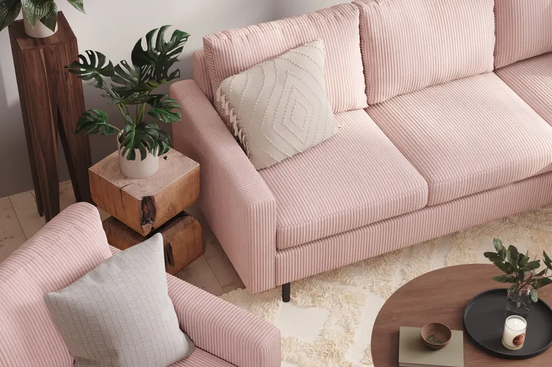 Peppe Sofagruppe 3-personers Vendbar L-formet Chaiselongsofa + Lænestol + Fodskammel i Manchester - Rosa - Møbler - Sofaer - Sofagrupper