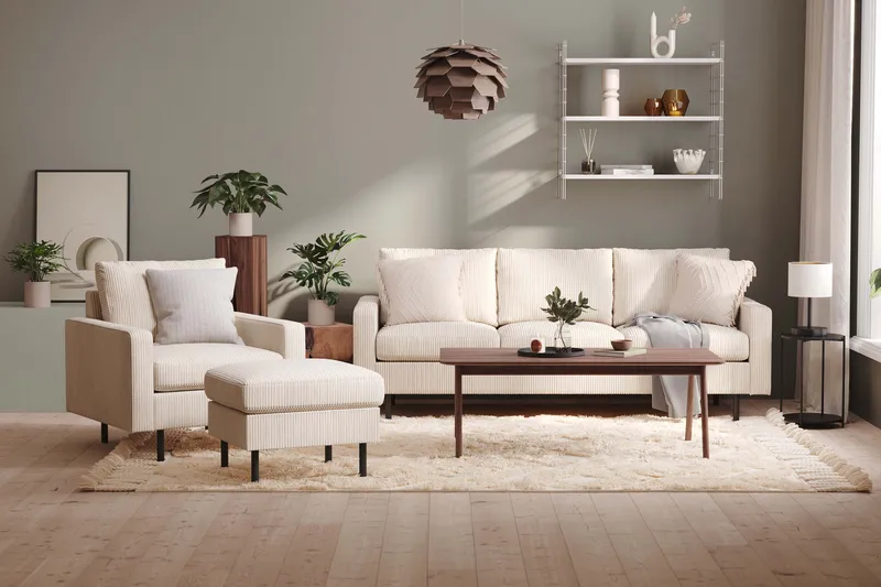 Peppe Sofagruppe 3-personers Sofa + Lænestol + Fodskammel i Manchester - Beige - Møbler - Sofaer - Sofagrupper