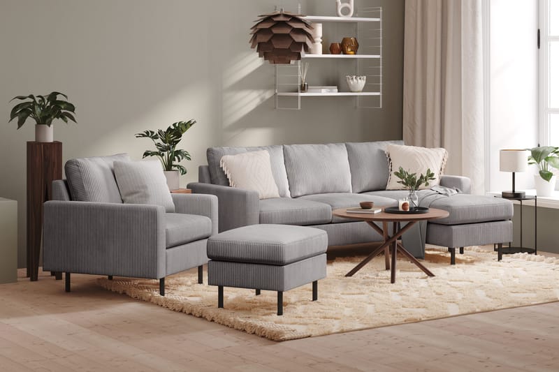 Peppe Sofagruppe 3-personers Vendbar L-formet Chaiselongsofa + Lænestol + Fodskammel i Manchester - Mørkegrå - Møbler - Sofaer - Sofagrupper