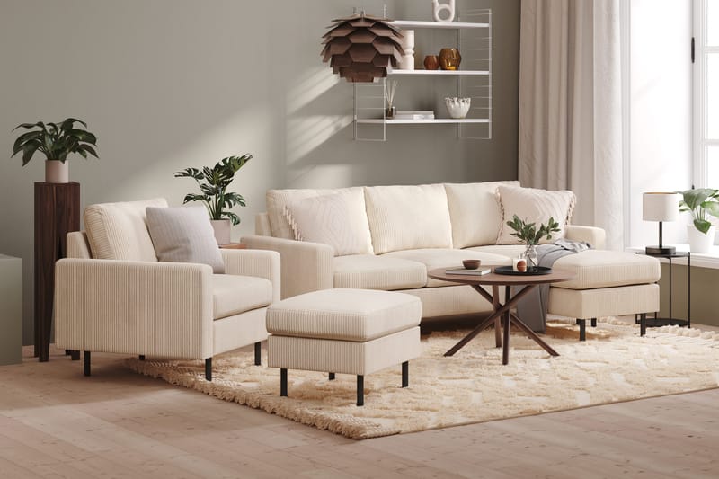 Peppe Sofagruppe 3-personers Vendbar L-formet Chaiselongsofa + Lænestol + Fodskammel i Manchester - Beige - Møbler - Sofaer - Sofagrupper