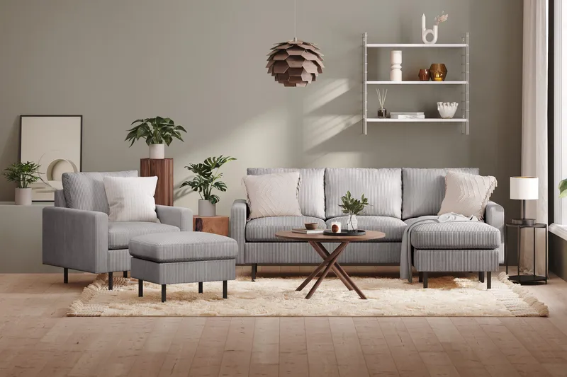 Peppe Sofagruppe 3-personers Vendbar L-formet Chaiselongsofa + Lænestol + Fodskammel i Manchester - Mørkegrå - Møbler - Sofaer - Sofagrupper