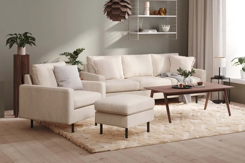 Peppe Sofagruppe 3-personers Sofa + Lænestol + Fodskammel i Manchester - Beige - Møbler - Sofaer - Sofagrupper