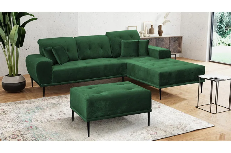 Rapale Sofagruppe Højre med Fodskammel - Velour/Grøn - Møbler - Sofaer - Sofagrupper