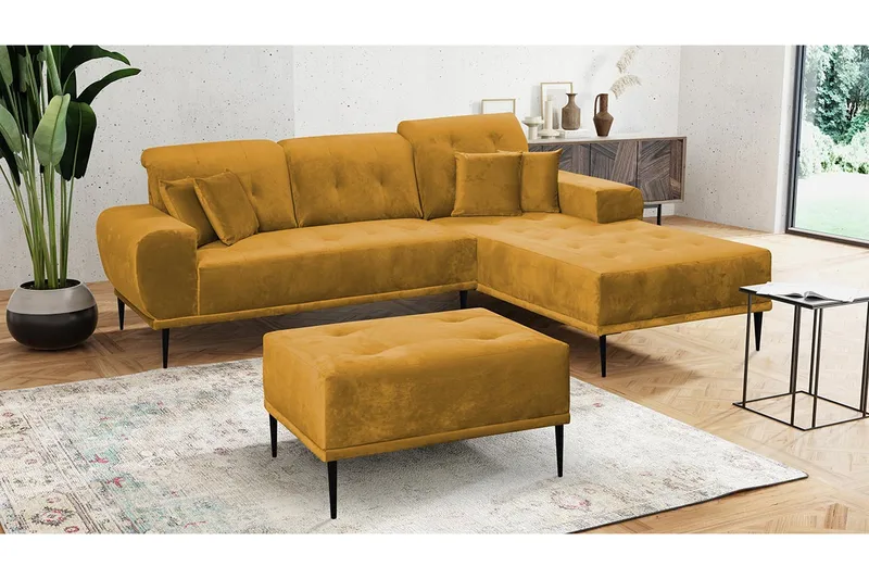 Rapale Sofagruppe Højre med Fodskammel - Velour/Gul - Møbler - Sofaer - Sofagrupper