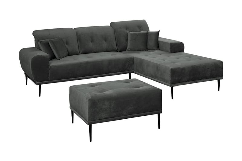 Rapale Sofagruppe Højre med Fodskammel - Velour/Lysegrå/Sort - Møbler - Sofaer - Sofagrupper