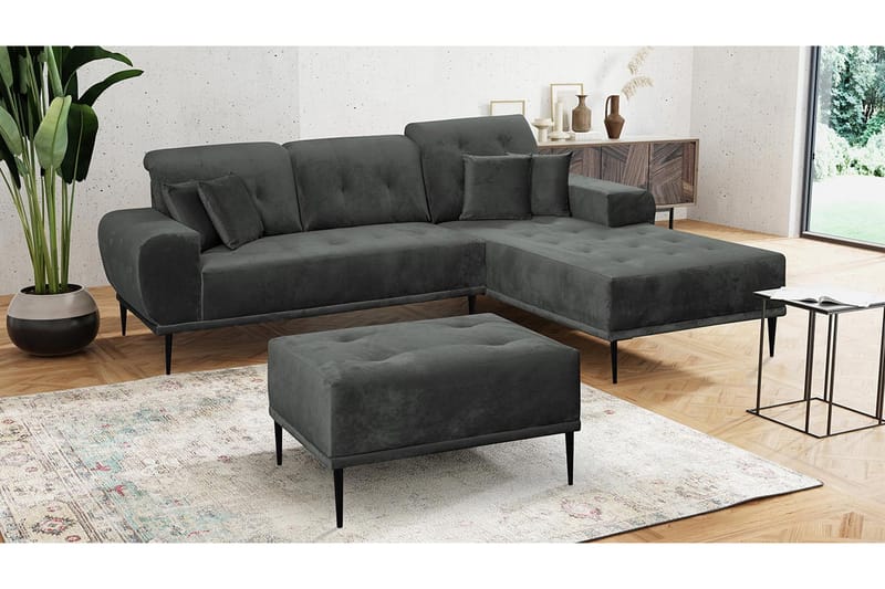 Rapale Sofagruppe Højre med Fodskammel - Velour/Lysegrå/Sort - Møbler - Sofaer - Sofagrupper