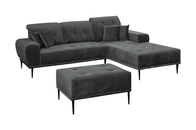 Rapale Sofagruppe Højre med Fodskammel, Velour/Lysegrå/Sort